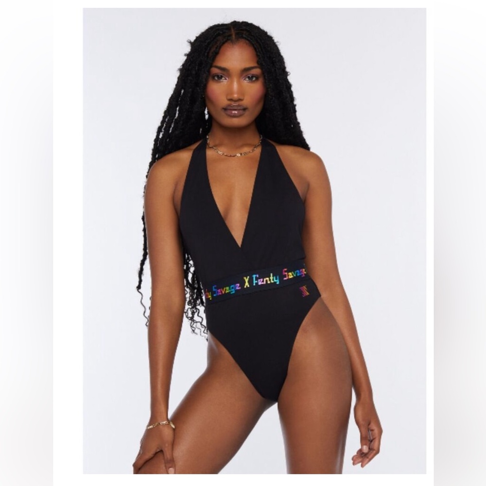 Savage X Fenty Black Bodysuit with Wrap-Style Front